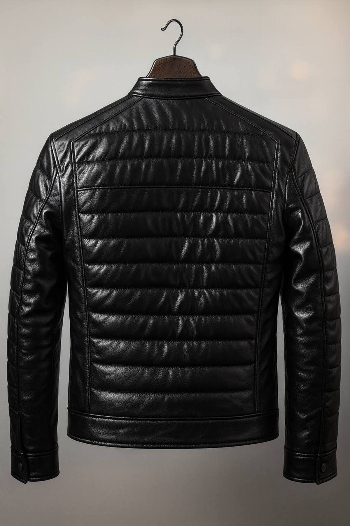 MODA  Erkek Siyah Şişme Hakiki Kuzu Derisi Fermuarlı Deri Mont Ceket - Görsel 4