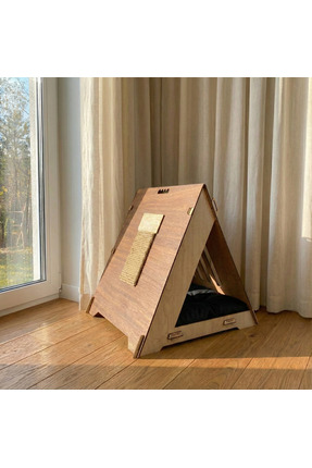 Pawudio Tırmalama Özellikli Dekoratif Ahşap Üçgen Kedi Evi