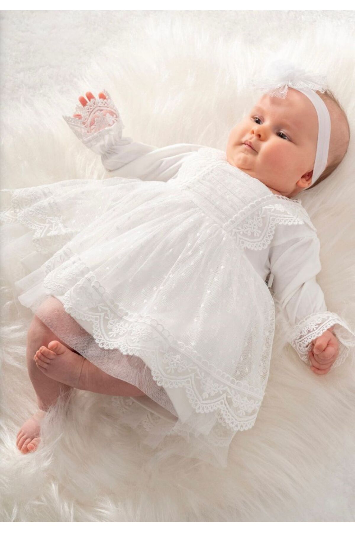 P&H BABYWEAR Almira Elbise %100 Pamuk Penye Tül Dantel Detaylı Yenidoğan Kız Bebek Mevlüt & Özel Gün Takımı fotoğrafı 3 (önizleme)