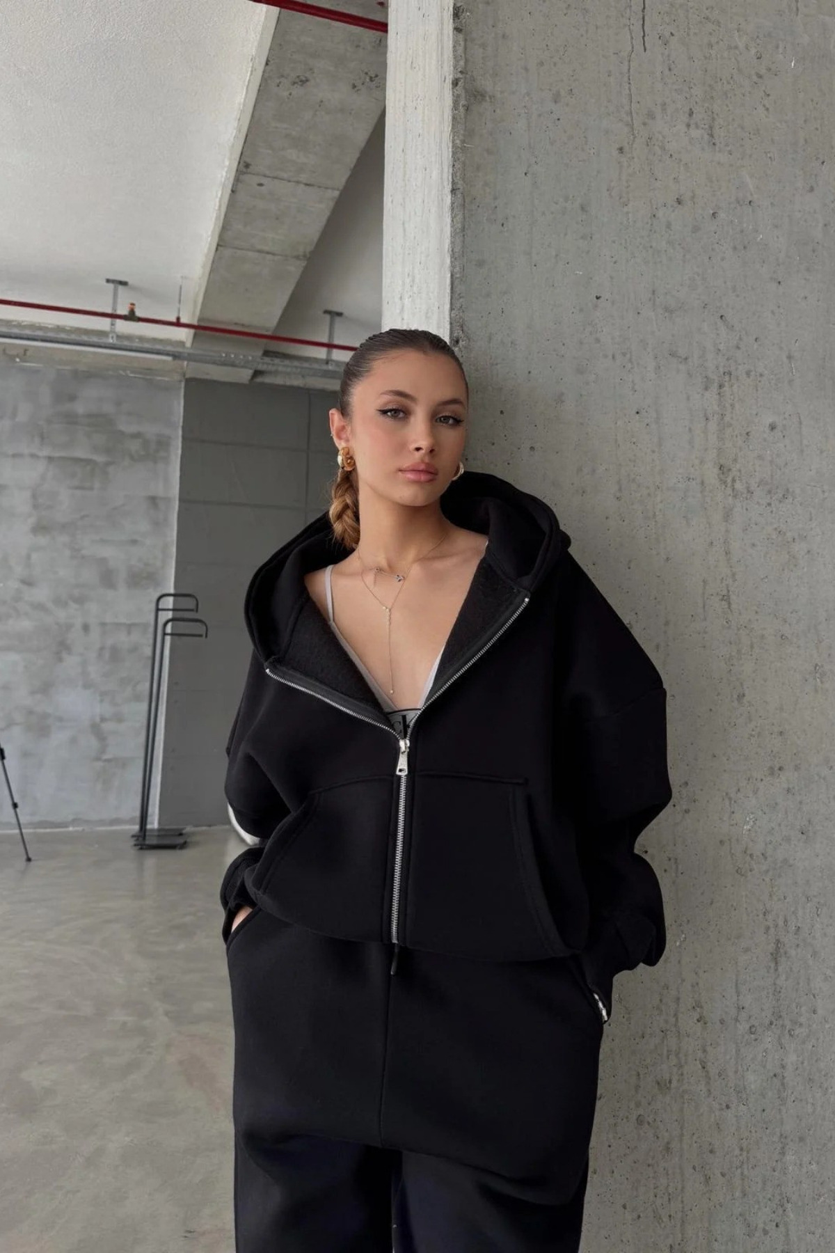 YAKAMEL  KADIN 3 İPLİK OVERSİZE FERMUARLI SWEATSHİRT HIRKA - Görsel 2