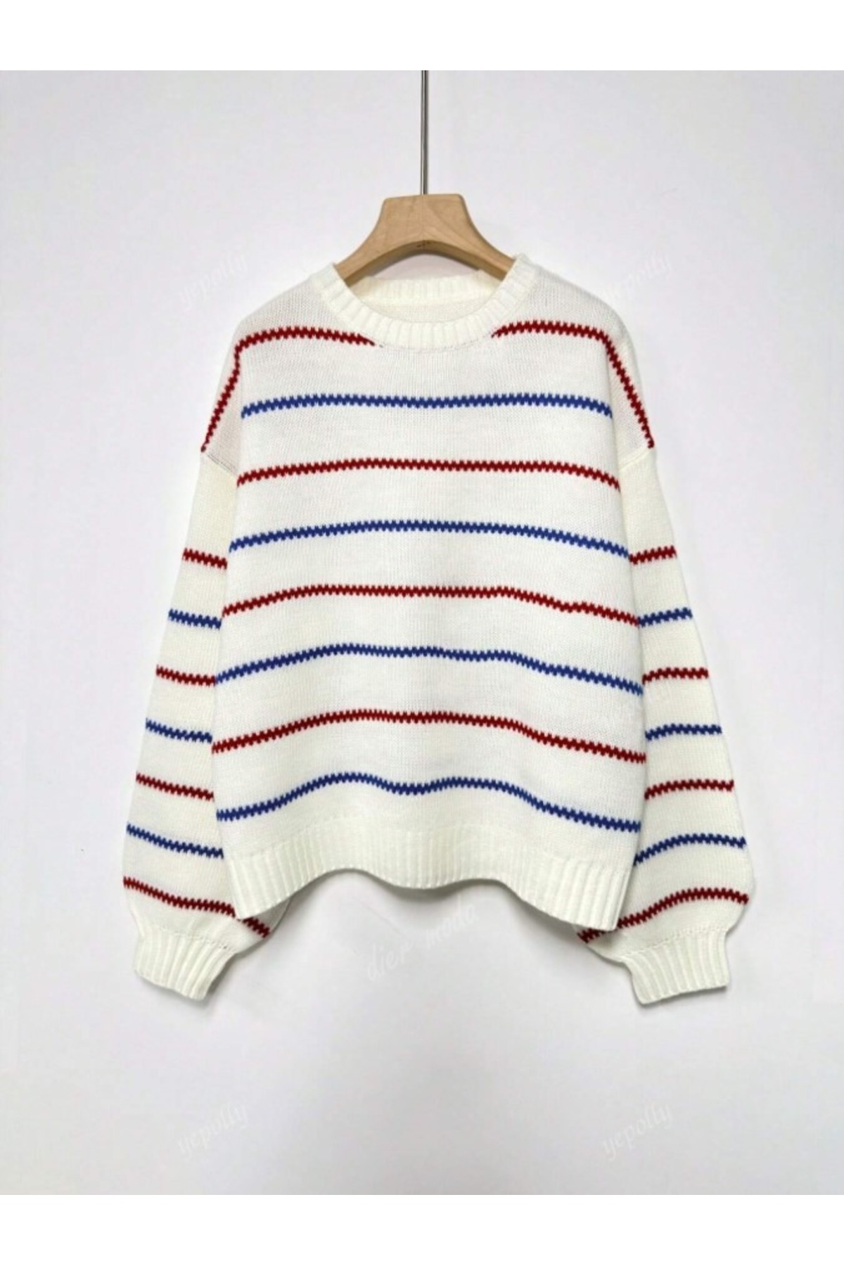 Dier Moda Kadın Oversize Triko Kazak, Beyaz Renkli Çizgili, Rahat ve Yumuşak Dokulu Fmoda1989 görsel 4
