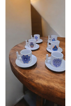 Broşürevim Nazar Boncuklu 90 Ml Özel Gün Ve Kişiye Özel Beyaz T-Kulplu 6 Kişi...