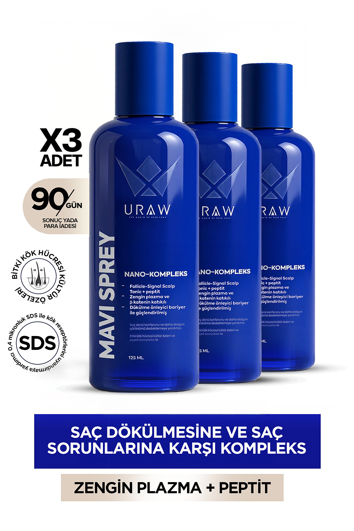 Uraw Mavi Sprey 3'lü Set - Saç Kökü Aktivasyonunu Destekleyen Gelişmiş Kompleks