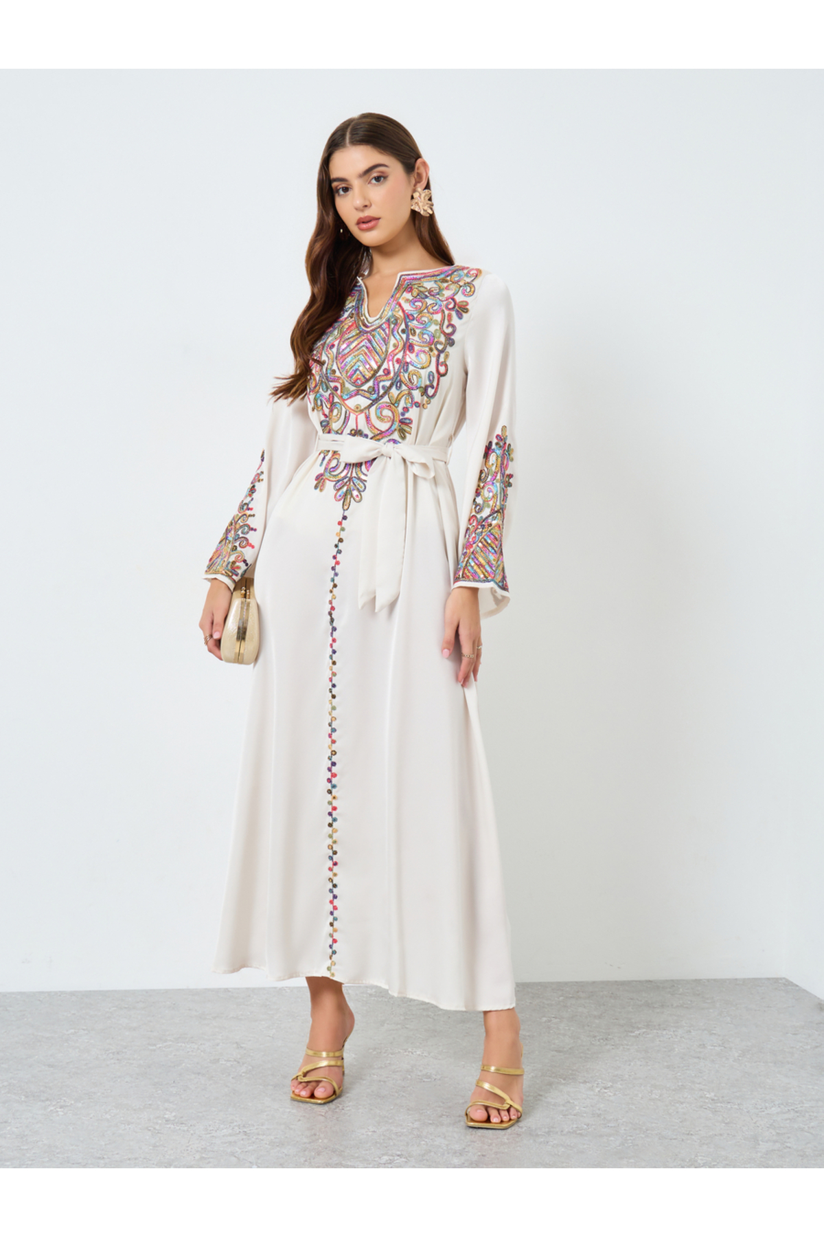Take Two By Styli Sequin Embellished Belted Long Sleeve Jalabiya