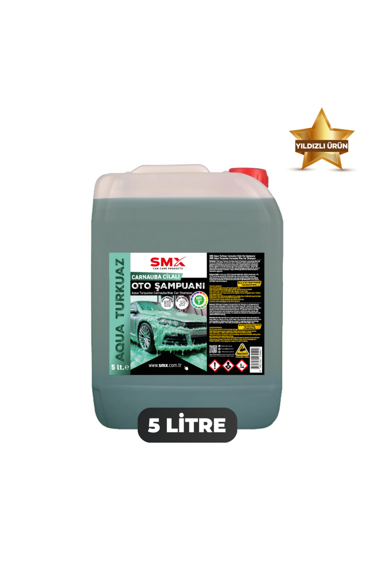 SMX Aqua Turkuaz Carnauba Cilalı Turkuaz Oto Şampuanı 5 Litre, Ph Nötr