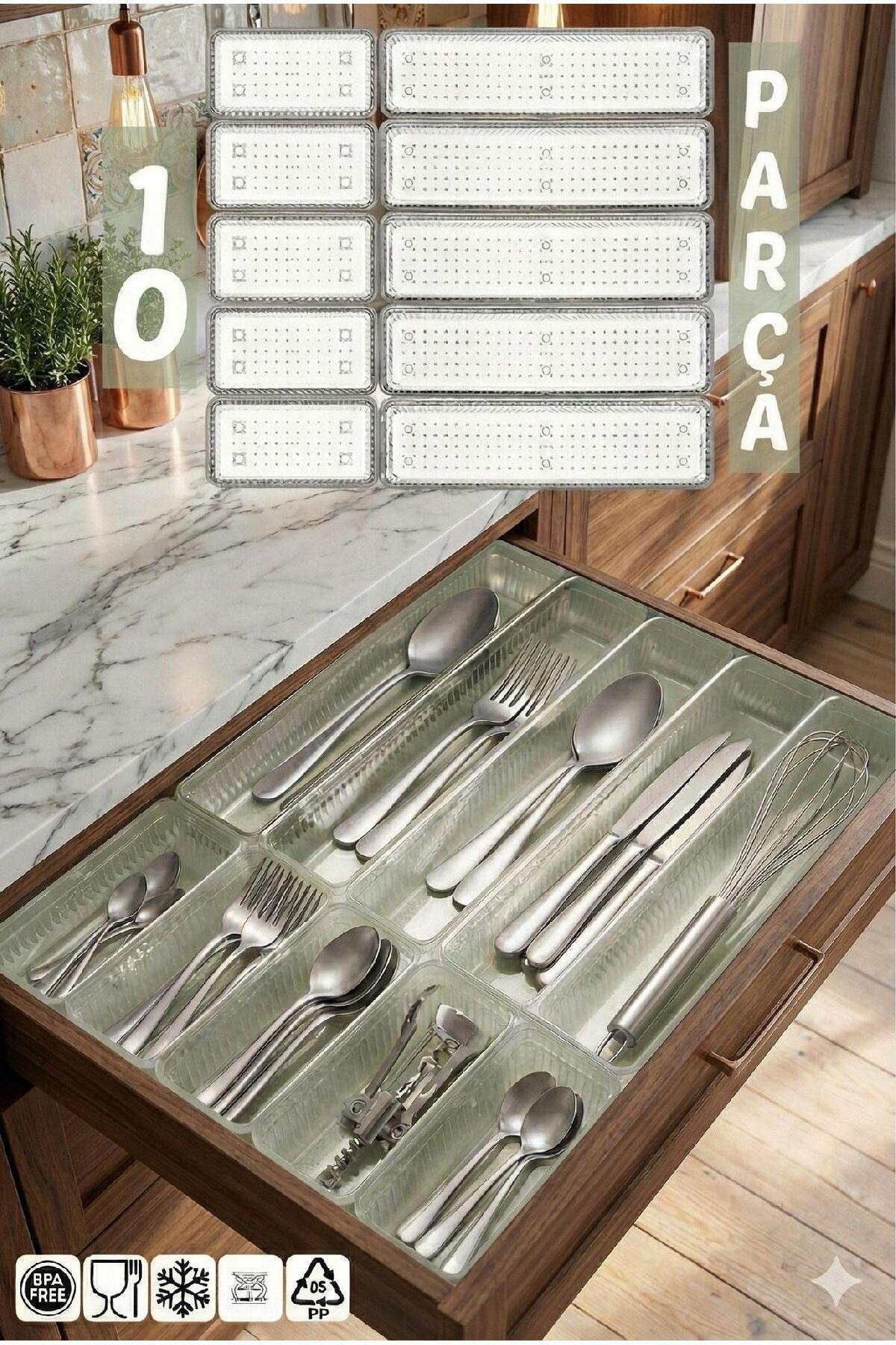 Lilya Home 10'lu Modüler Set Kaşıklık Çekmece Içi Düzenleyici Çatal Kaşık Bıçak Düzenleme Organizeri Şeffaf