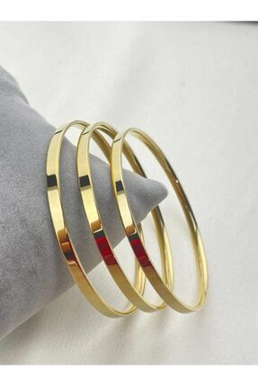 LUMİCOTAKI Paslanmaz Çelik Gold Detaylı 3’lü Kalın Düz Ajda Bilezik 6.5mm 22 ...