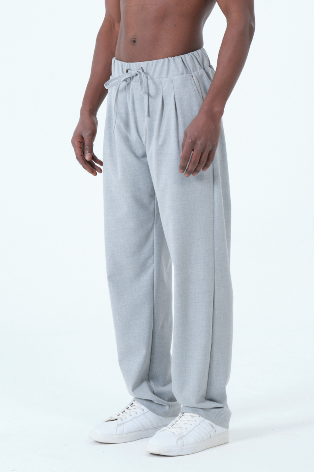 RELAXL Battal Boy Pileli Beli Lastikli Bol Paça Gri Baggy Pantolon görsel 7