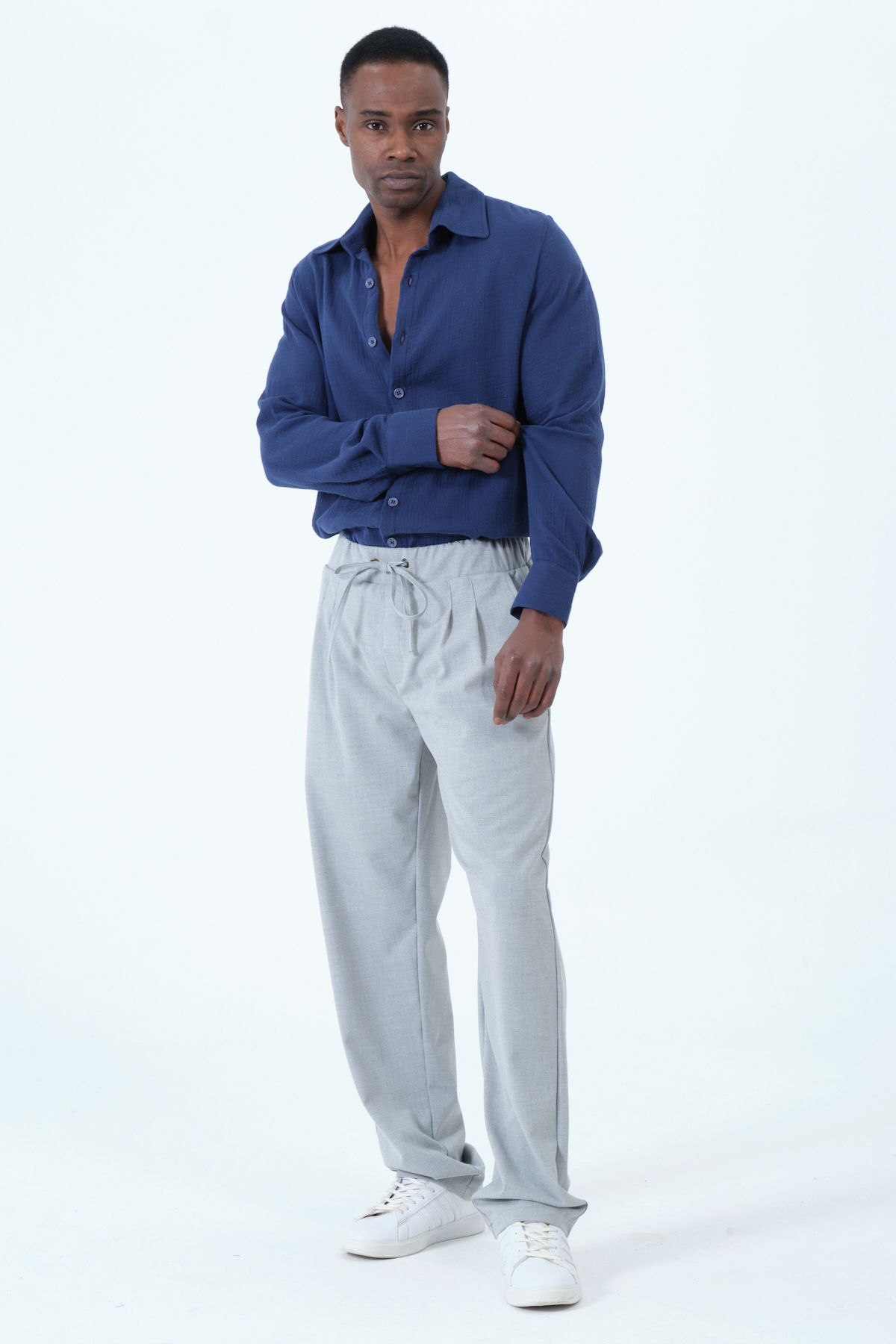 RELAXL Battal Boy Pileli Beli Lastikli Bol Paça Gri Baggy Pantolon görsel 2