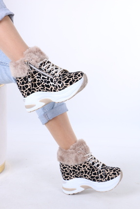 lolyvibe DNR Peluş Astarlı Bej Leopar Kadife Desenli Kadın Kışlık Bot – Yükse...