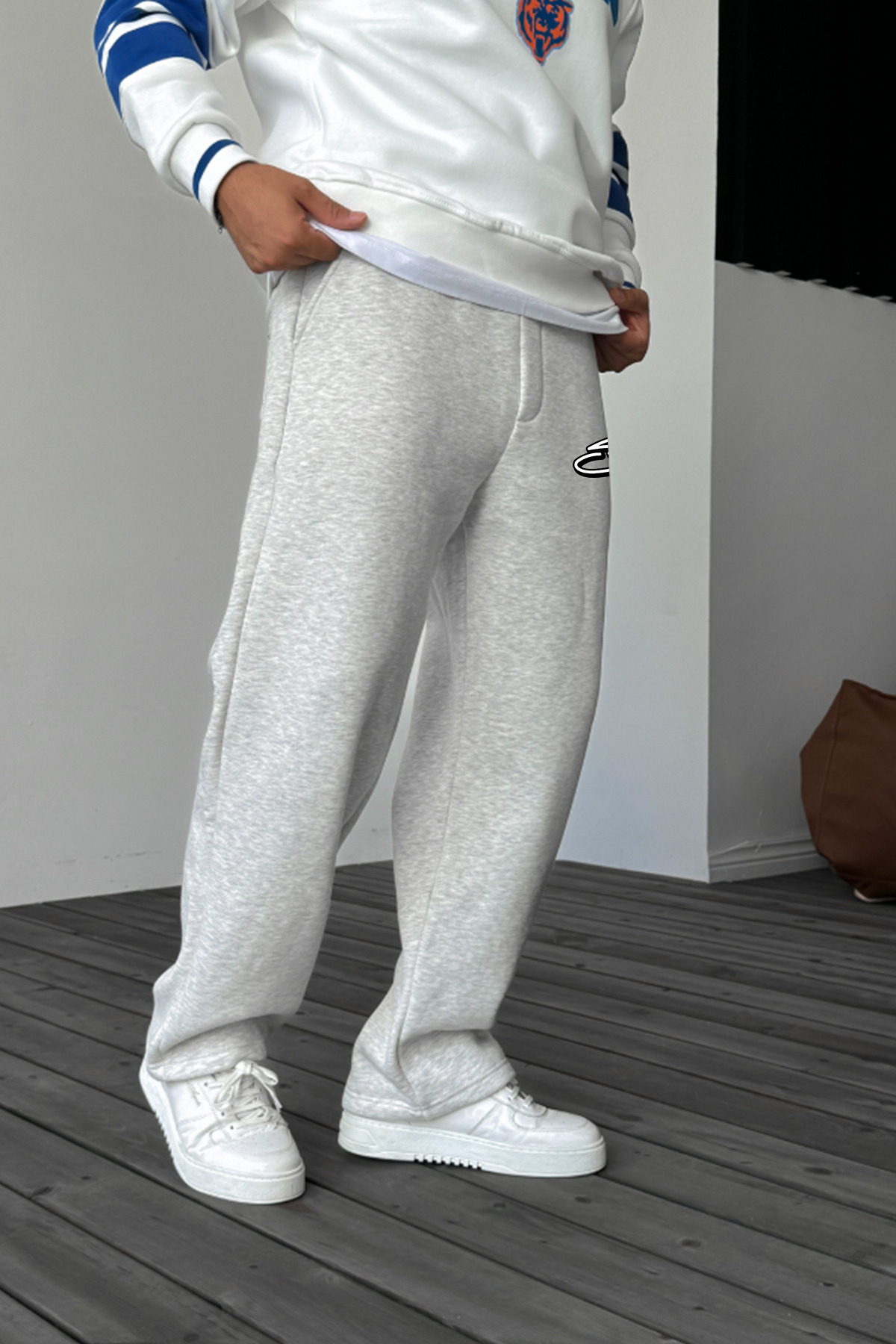 THE RULE Stüssy Curved Baskılı Baggy 3 İplik Bol Kesim Düz Paça Gri Mevsimlik Eşofman Altı RF0555 görsel 5