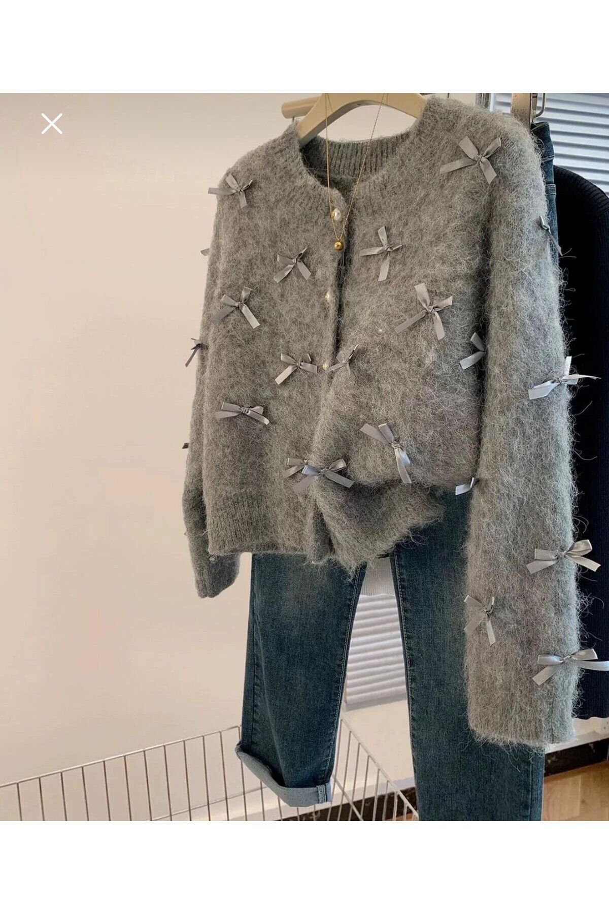 ANUBİS Gri Yumoş Triko Fiyonk Kurdele Detaylı Kadın Prenses Hırka