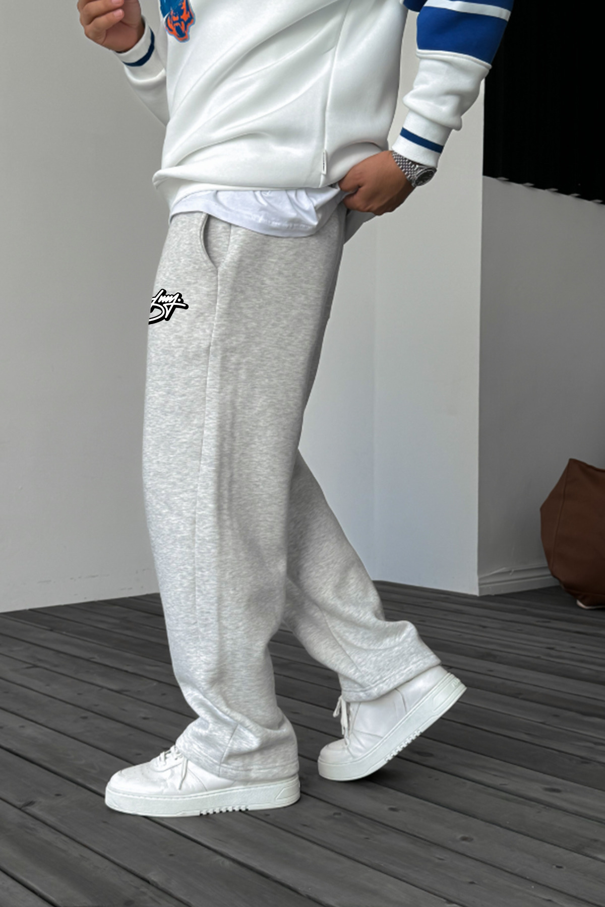 THE RULE Stüssy Curved Baskılı Baggy 3 İplik Bol Kesim Düz Paça Gri Mevsimlik Eşofman Altı RF0555 görsel 3