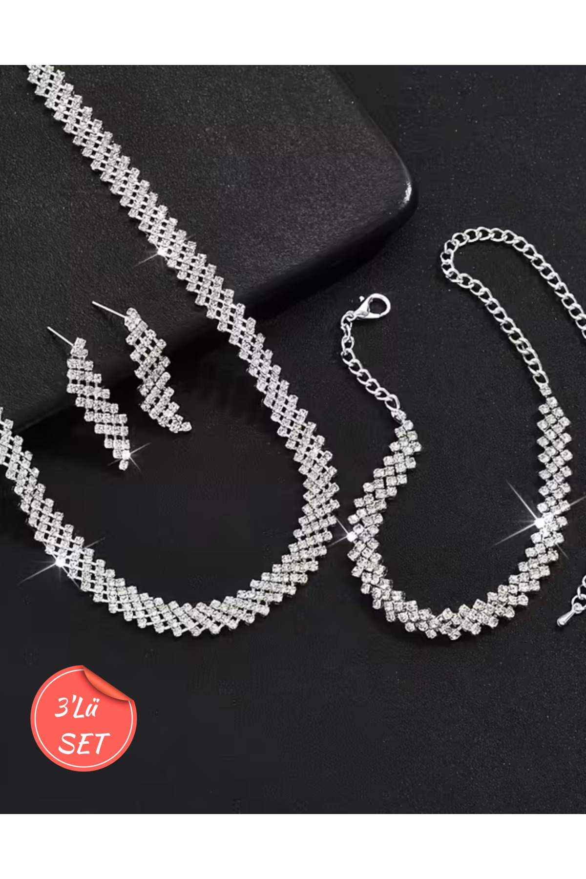 Kadın Attraverso Çapraz 3'lü Kolye + Küpe + Bileklik Kristal Zirkon Taşlı Gümüş Kaplama Takı Seti