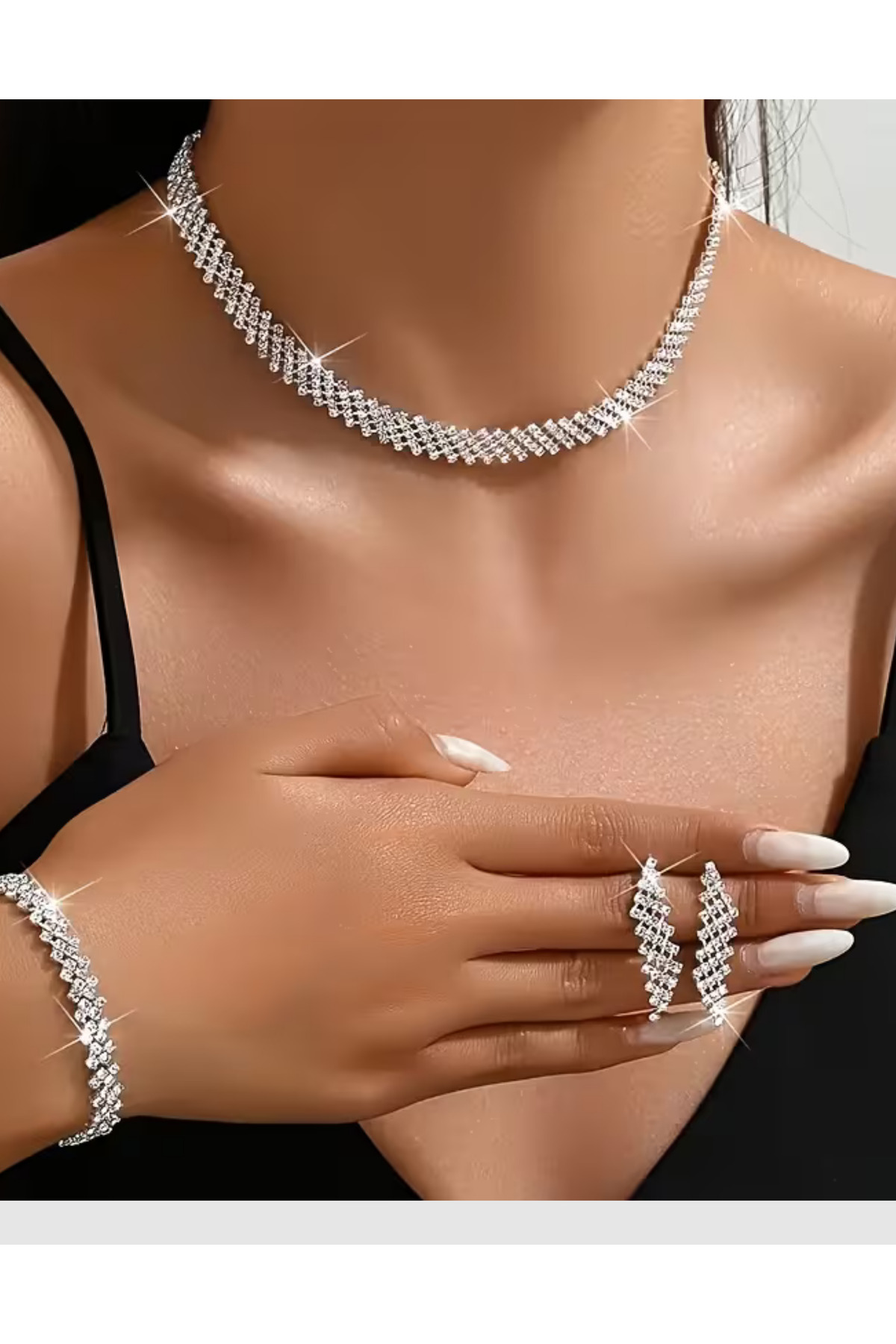 Kadın Attraverso Çapraz 3'lü Kolye + Küpe + Bileklik Kristal Zirkon Taşlı Gümüş Kaplama Takı Seti