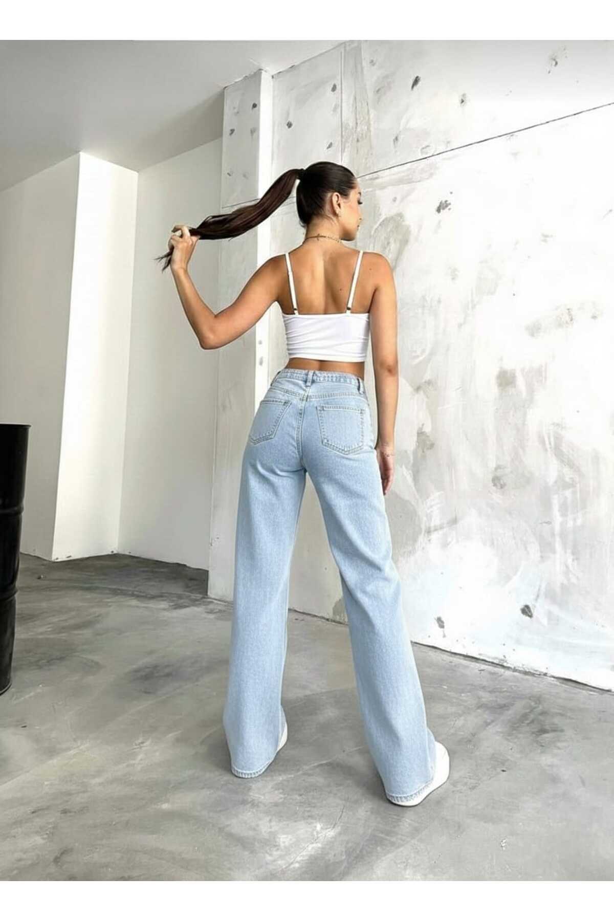 NWC  Lidya Likralı Kadın Koyu Mavi Süper Yüksek Bel Salaş Paça Denim Salaş Palazzo Pantolon - Görsel 4