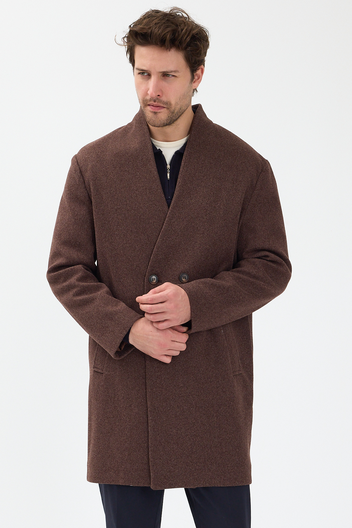 Danger  Erkek Kruvaze Kaşe Palto Mont Kahverengi - Görsel 3