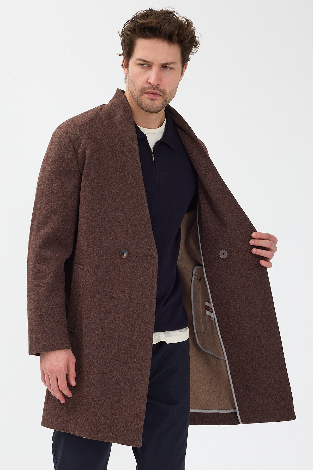 Danger  Erkek Kruvaze Kaşe Palto Mont Kahverengi - Görsel 2