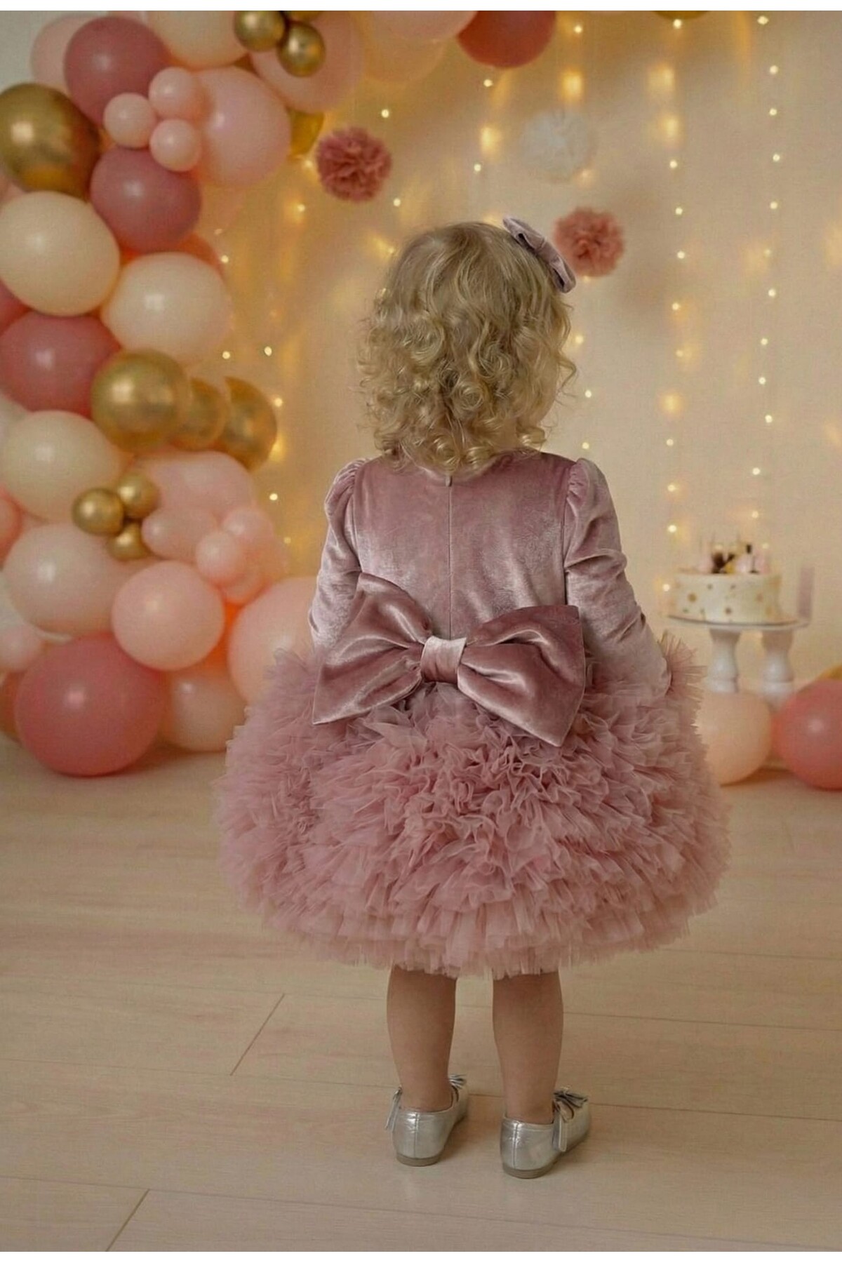 penu baby kids Gül Kurusu Kadife Kumaş Uzun Kollu Tütülü Kız Bebek Elbise - Velvet fotoğrafı 4 (önizleme)