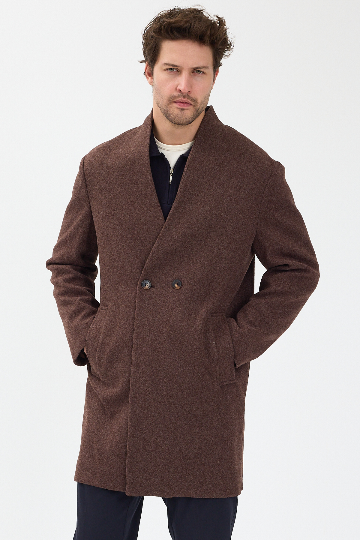 Danger  Erkek Kruvaze Kaşe Palto Mont Kahverengi - Görsel 4