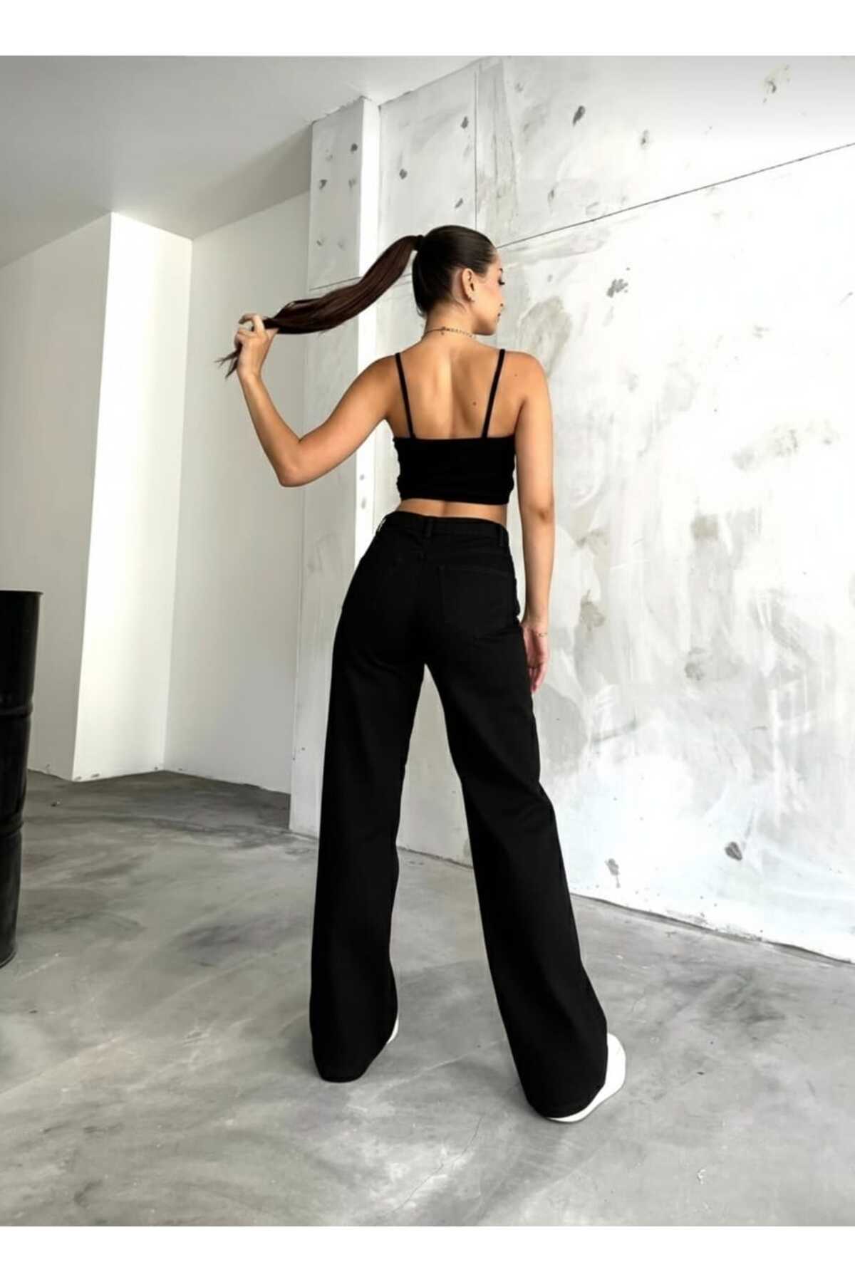 NWC  Natalya Likralı Kadın Siyah Süper Yüksek Bel Salaş Paça Denim Salaş Palazzo Pantolon - Görsel 3