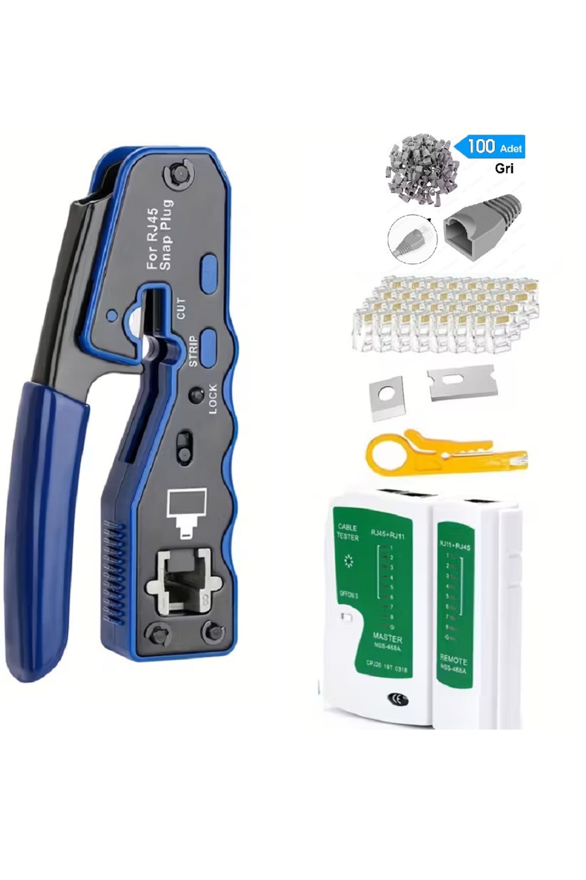 Cat7/Cat6 Yeni Nesil Pense 8P8C + 100 Adet Delikli Jak + Test Cihazı + 100 Adet Cover + Kablo Soyucu