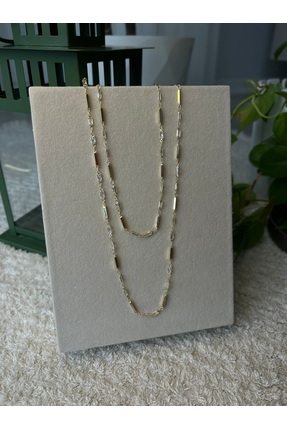 MazeAksesuar Çelik Zirkon Taşlı Uzun İklili Görünüm Zincir Kolye