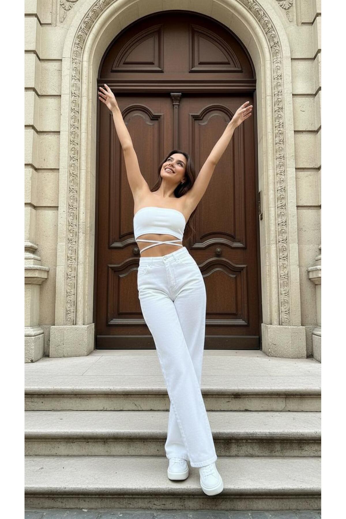 geenz manifacture  Hayal Beyaz Kadın Yüksek Bel Jeans Salaş Kot Pantolon Palazzo - Görsel 3