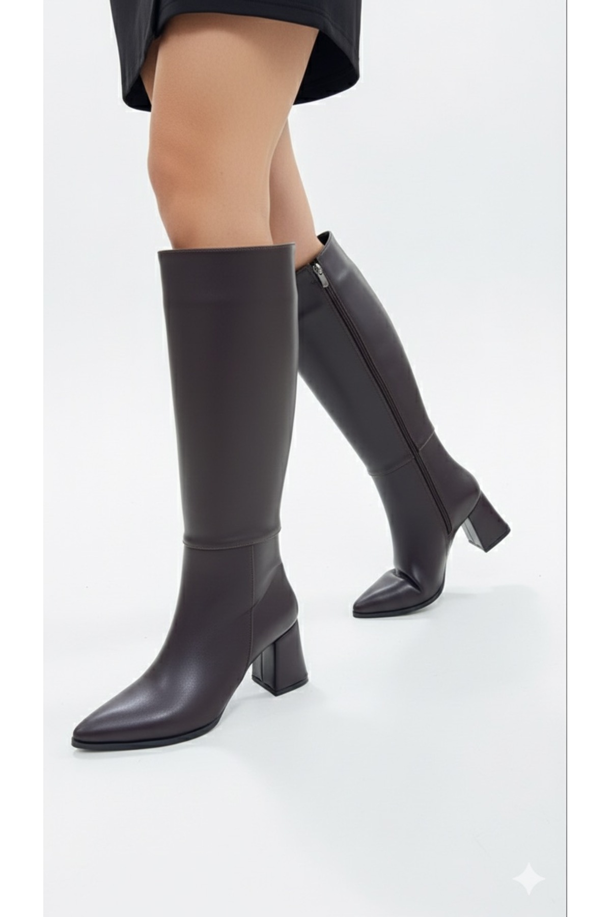 ÜNAL ÖZER  KADIN KAHVE CİLT SİVRİ BURUN DİZ ALTI KALIN TOPUKLU ÇİZME UN001-0132 - Görsel 4
