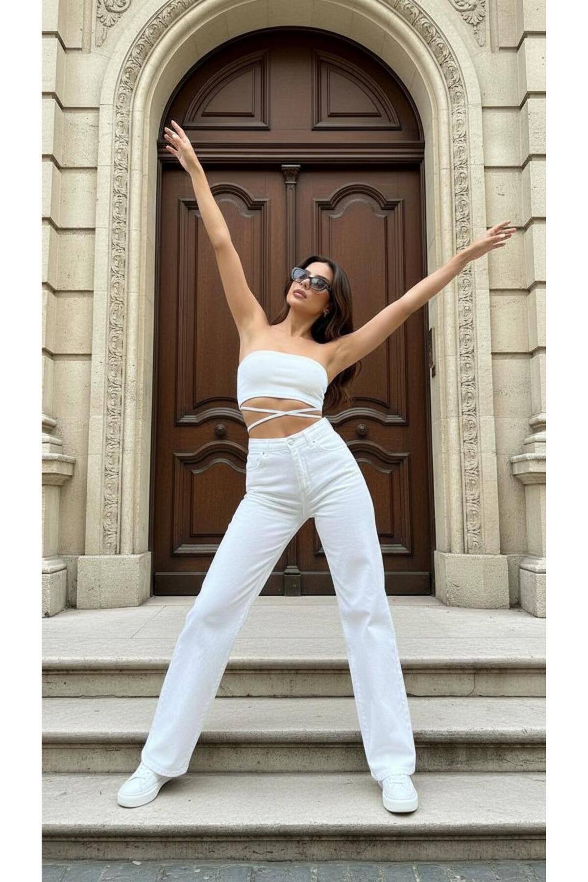 geenz manifacture  Hayal Beyaz Kadın Yüksek Bel Jeans Salaş Kot Pantolon Palazzo - Görsel 4