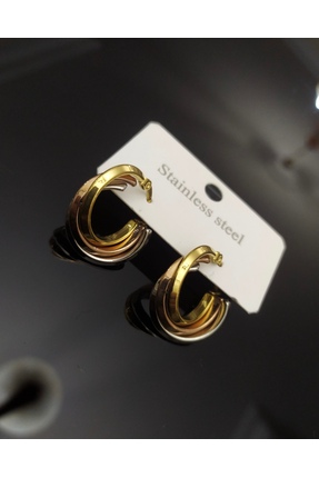 Çelik Üç Renkli Burgu Halka Küpe - Gold Gümüş Rose Geçişli Modern Küpe