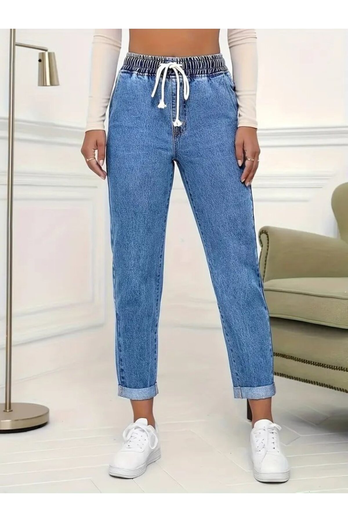 moda wanilia Kadın Yüksek Bel Bağcıklı Kot Pantolon görsel 2