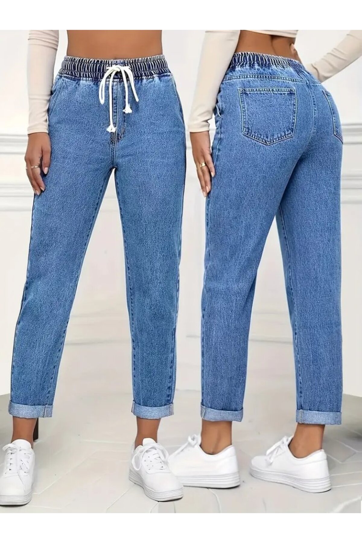 moda wanilia Kadın Yüksek Bel Bağcıklı Kot Pantolon