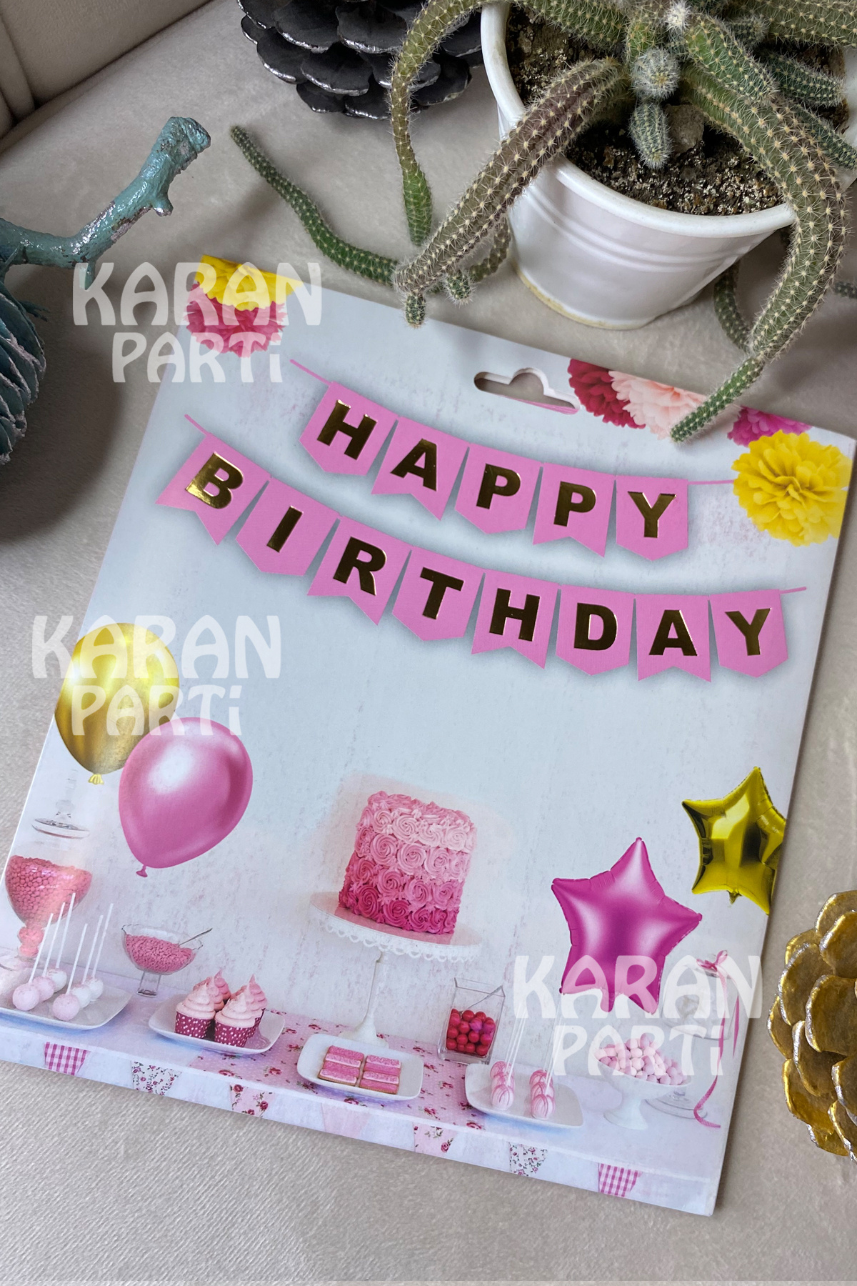 karanca parti süs Happy Birthday Banner Açık Pembe Üzeri Altın Varak Yaldızlı Flama Bayrak Parti Süslemesi