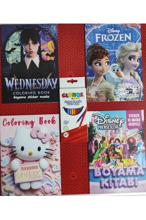ada çanta kırtasiye 4 adet stickerli karakter figürlü boyama kitabı ve 12 li ...
