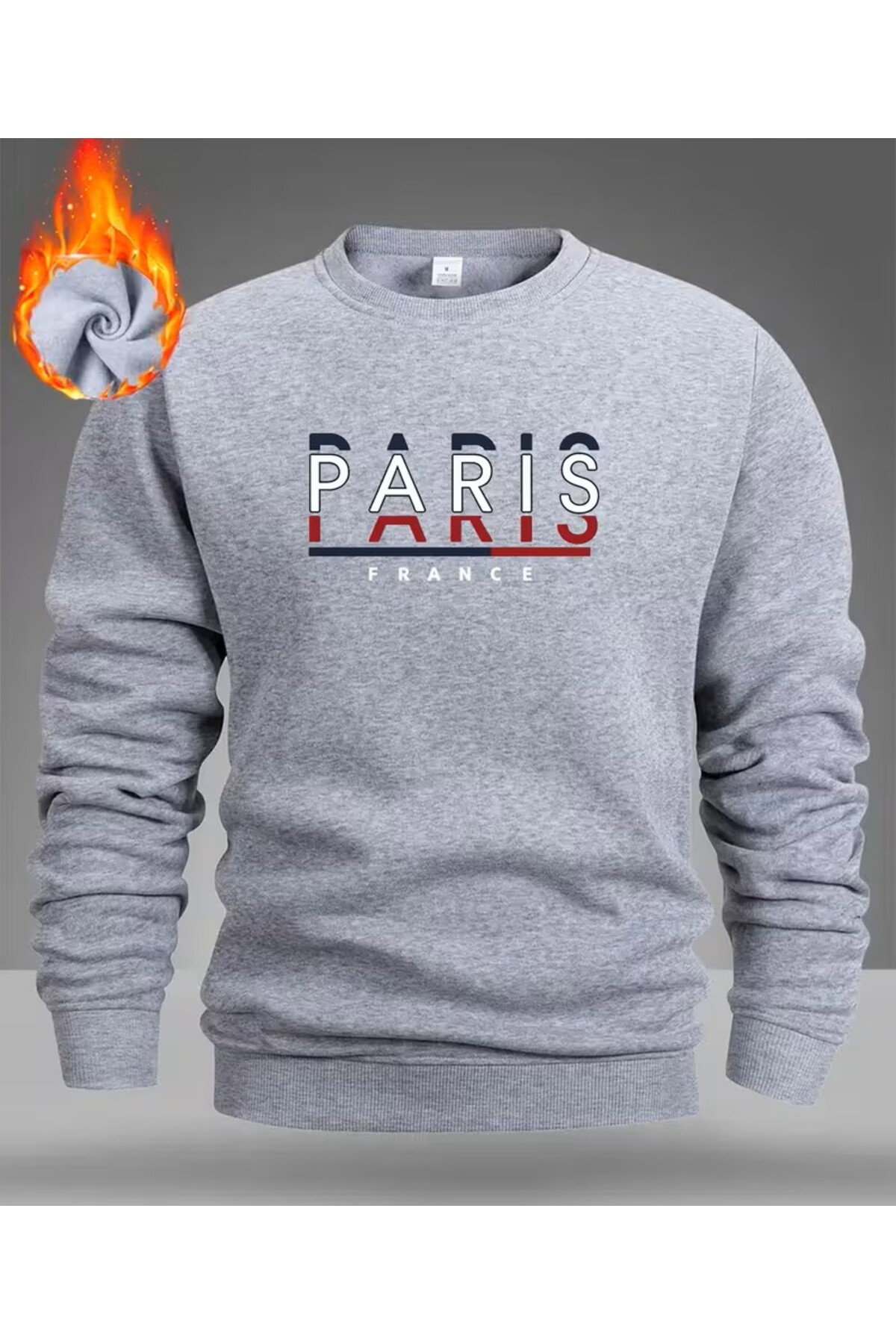 MODA TRENDGREY>Erkek gri paris baskılı bisiklet yaka sweathişirt