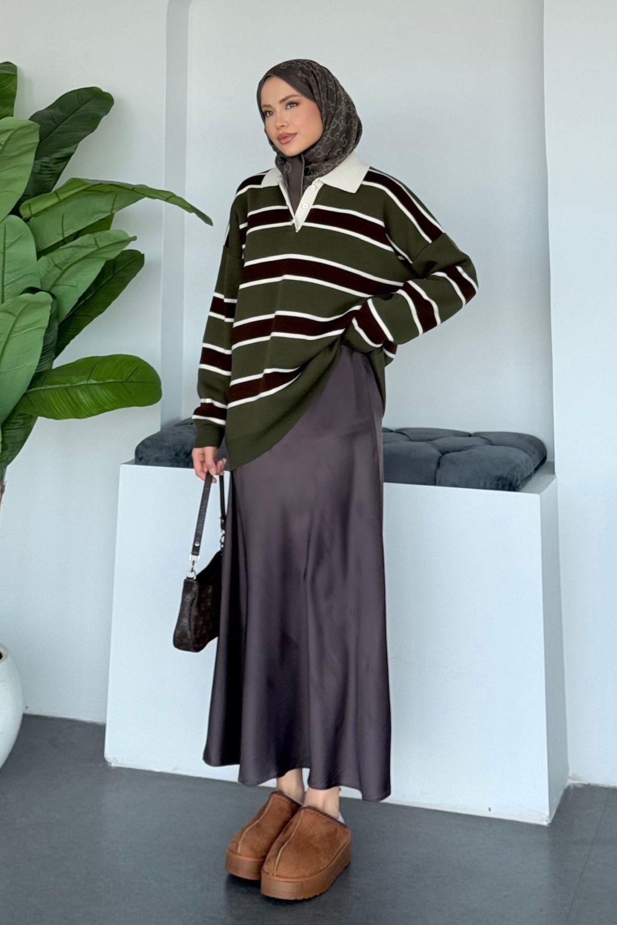 Hazamoda  Yakalı Pike Çizgili Kazak Haki - Görsel 3