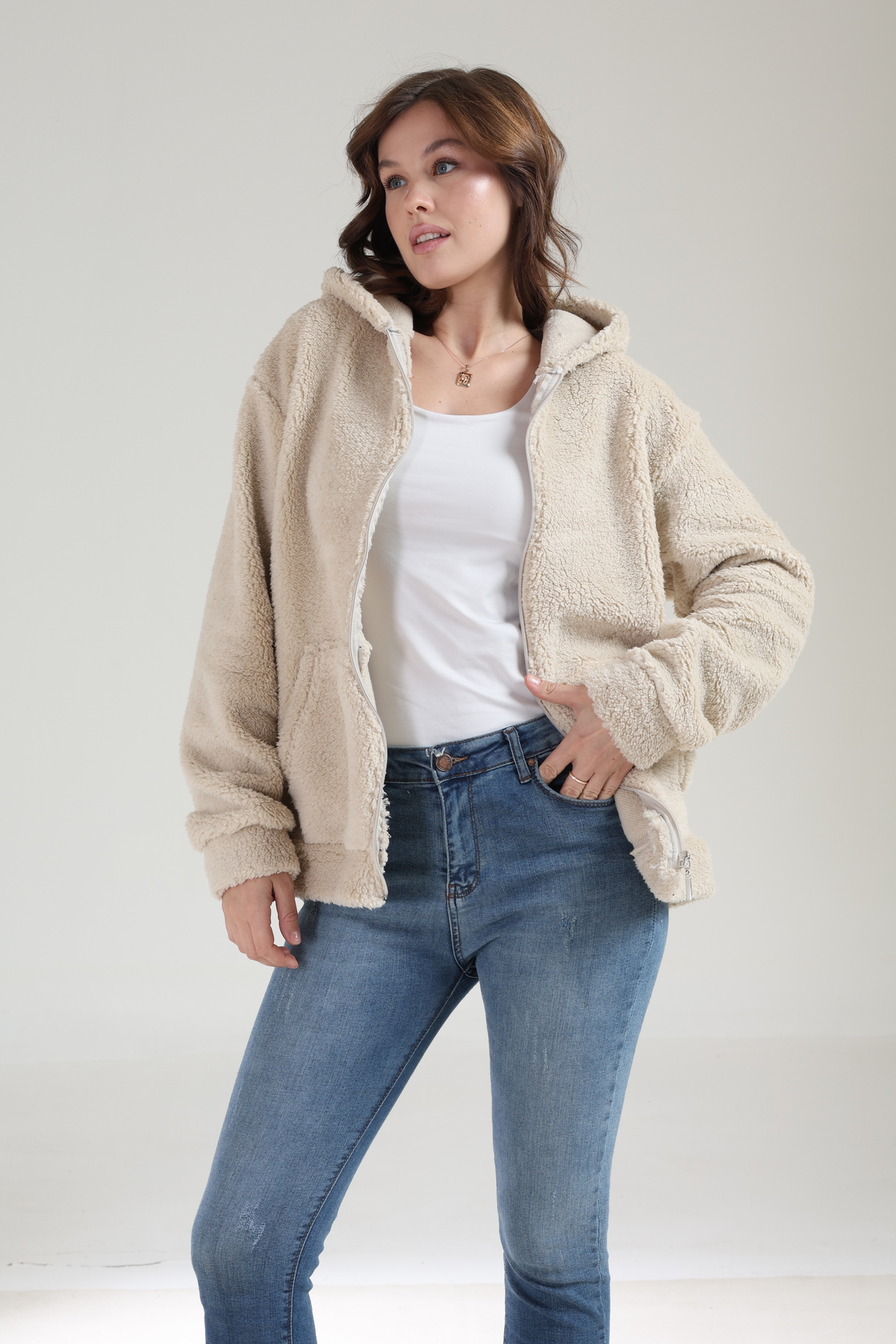 Tight Lady  Kalın Dokulu Welsoft Kışlık Kangru Cep Kapüşonlu Fermuarlı Sweatshirt Hırka - Görsel 8