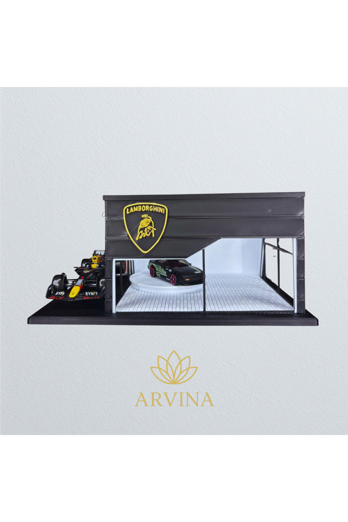 Arvina Atelier Lamborghini Büyük Showroom Koleksiyon Garajı | Parlak Logo | 1:64 Ölçek (Araçlar Dahil Değildir)