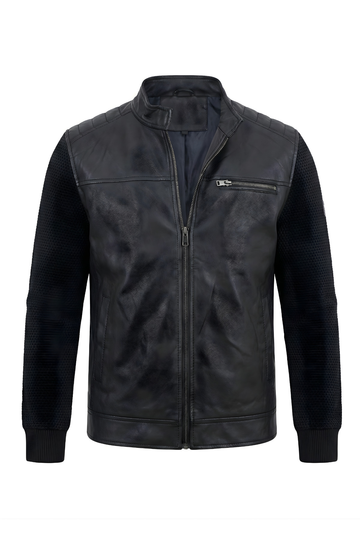 ixir  Çelik Örme Kol, Göğüs Fermuarlı Erkek Deri Mont Siyah - Görsel 2