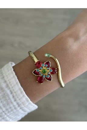 Gulsah's Store Gold idyllia model kırmızı kristal taş çiçek detaylı kelepçe
