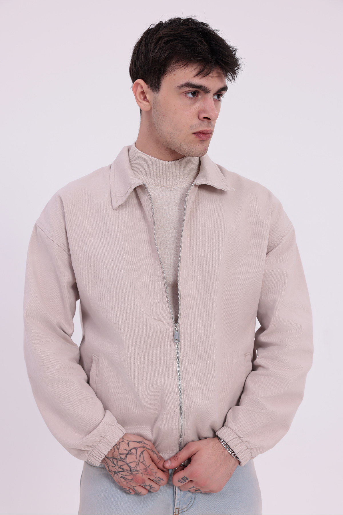 Men's Beige Gabardine Fabric Zippered Oversize Elastic Waist Seasonal Jacket