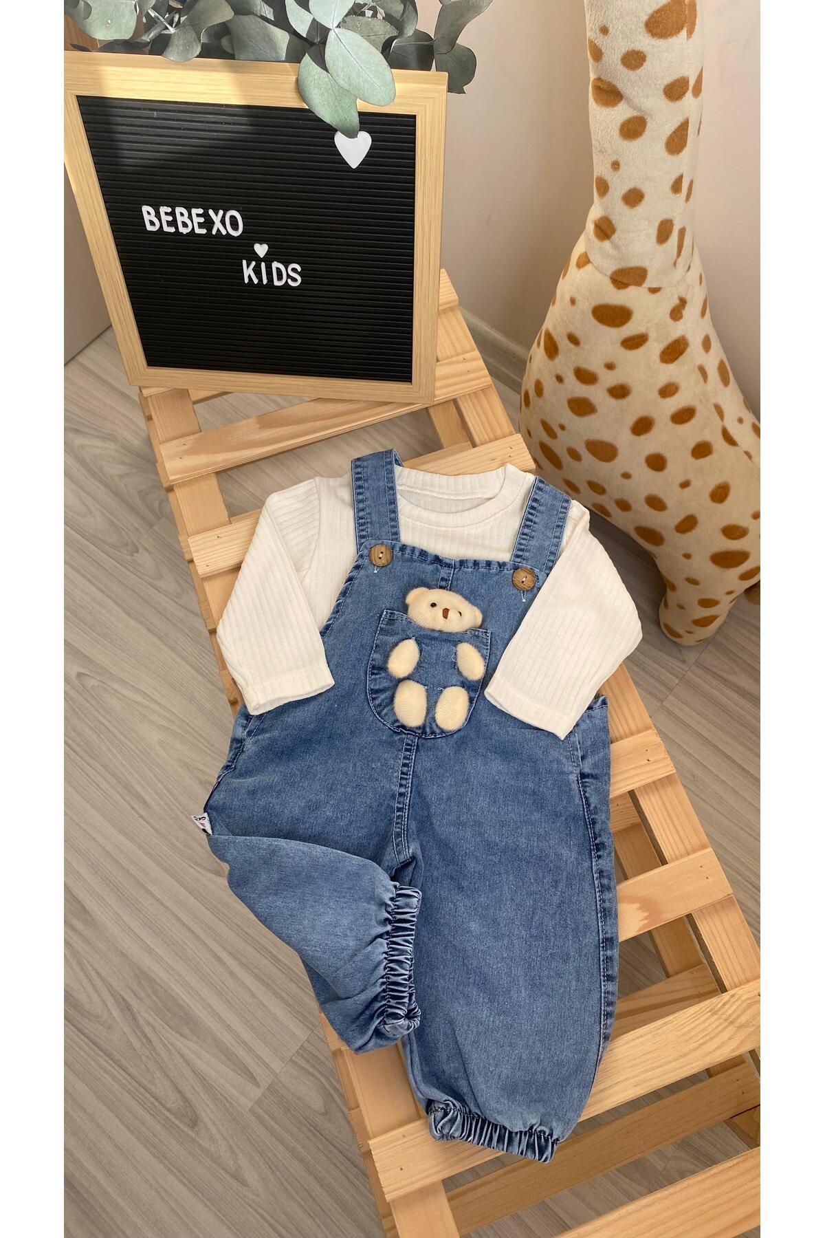 BEBEXO KIDS Unisex Ayıcıklı Bebek Kot Salopet(Tulum) Çizgili Body 2'li Takım (9-12-18 Ay) fotoğrafı 3 (önizleme)