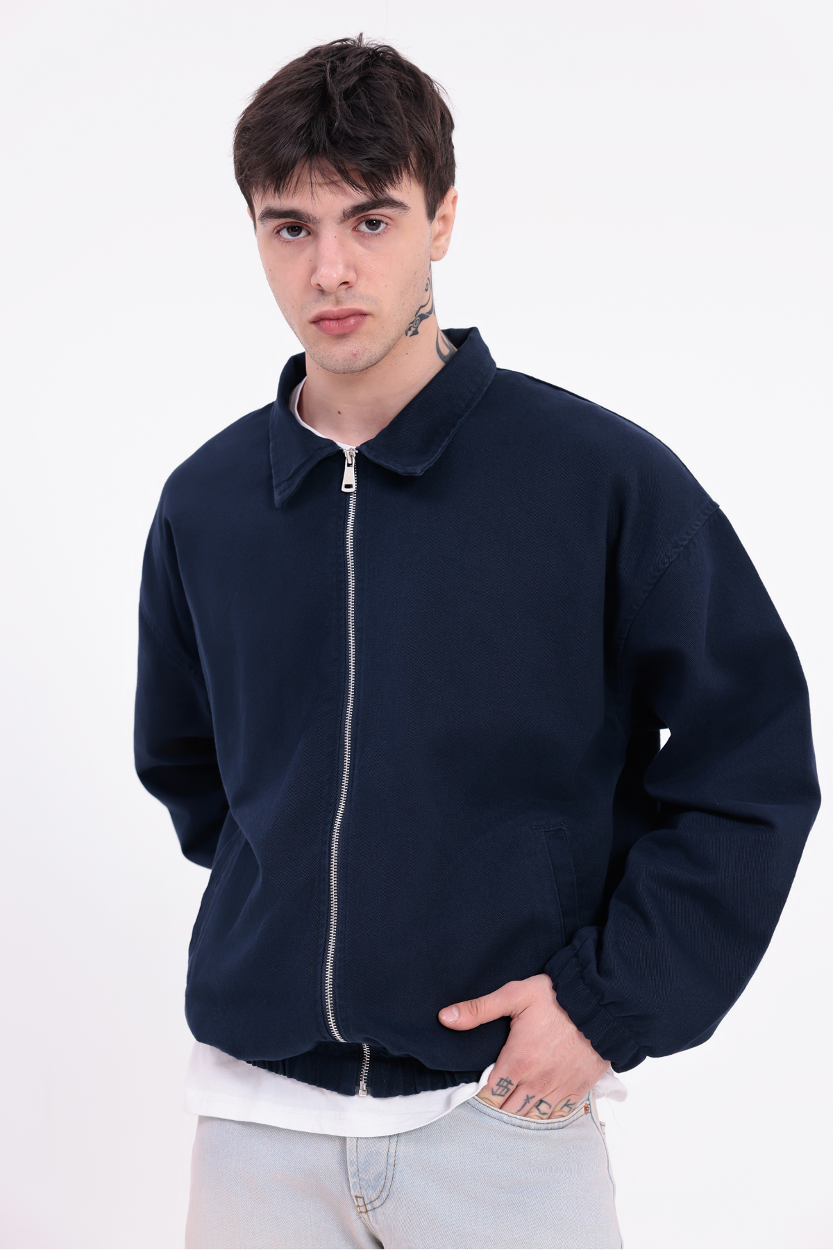 Montland  Erkek Lacivert Gabardin Kumaş Fermuarlı Oversize Beli Lastikli Mevsimlik Ceket