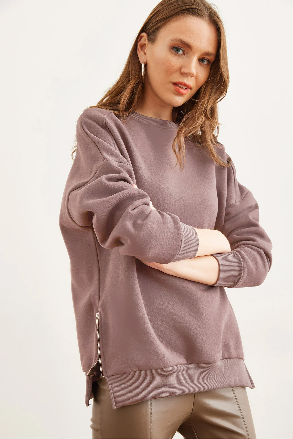 Women's Dusty Rose Sides Zipper Detailed Fleece Thick SweatshirtSWT-19000624