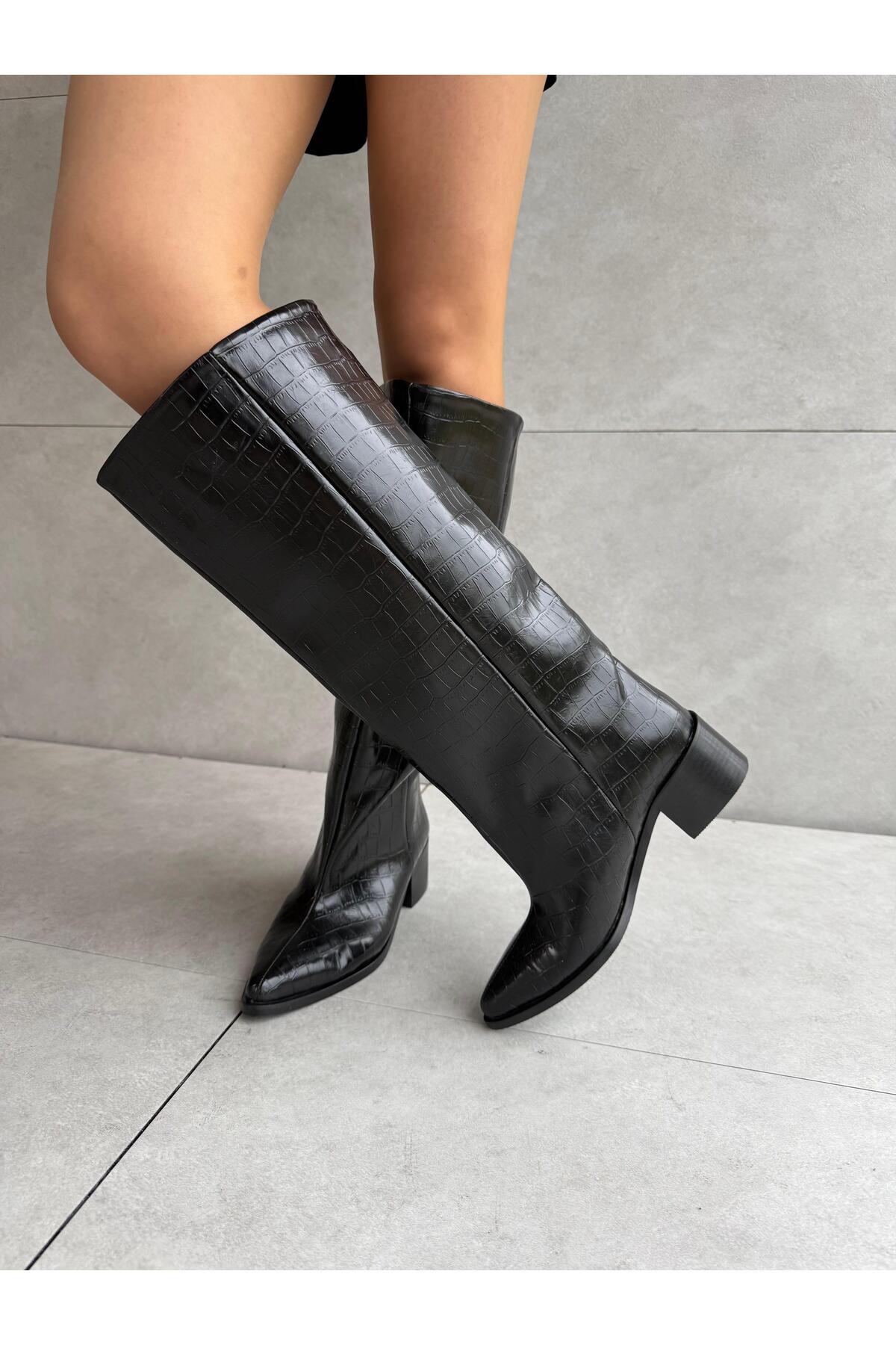 Elvinin Tarzı Wenky Siyah Croco XL Kesim Düz Taban Binici Çizme görsel 6