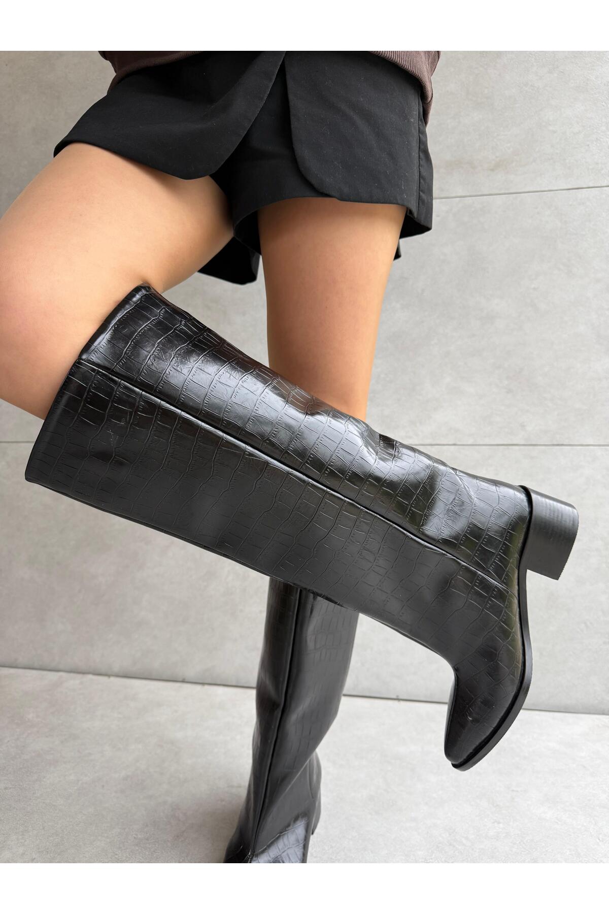 Elvinin Tarzı Wenky Siyah Croco XL Kesim Düz Taban Binici Çizme
