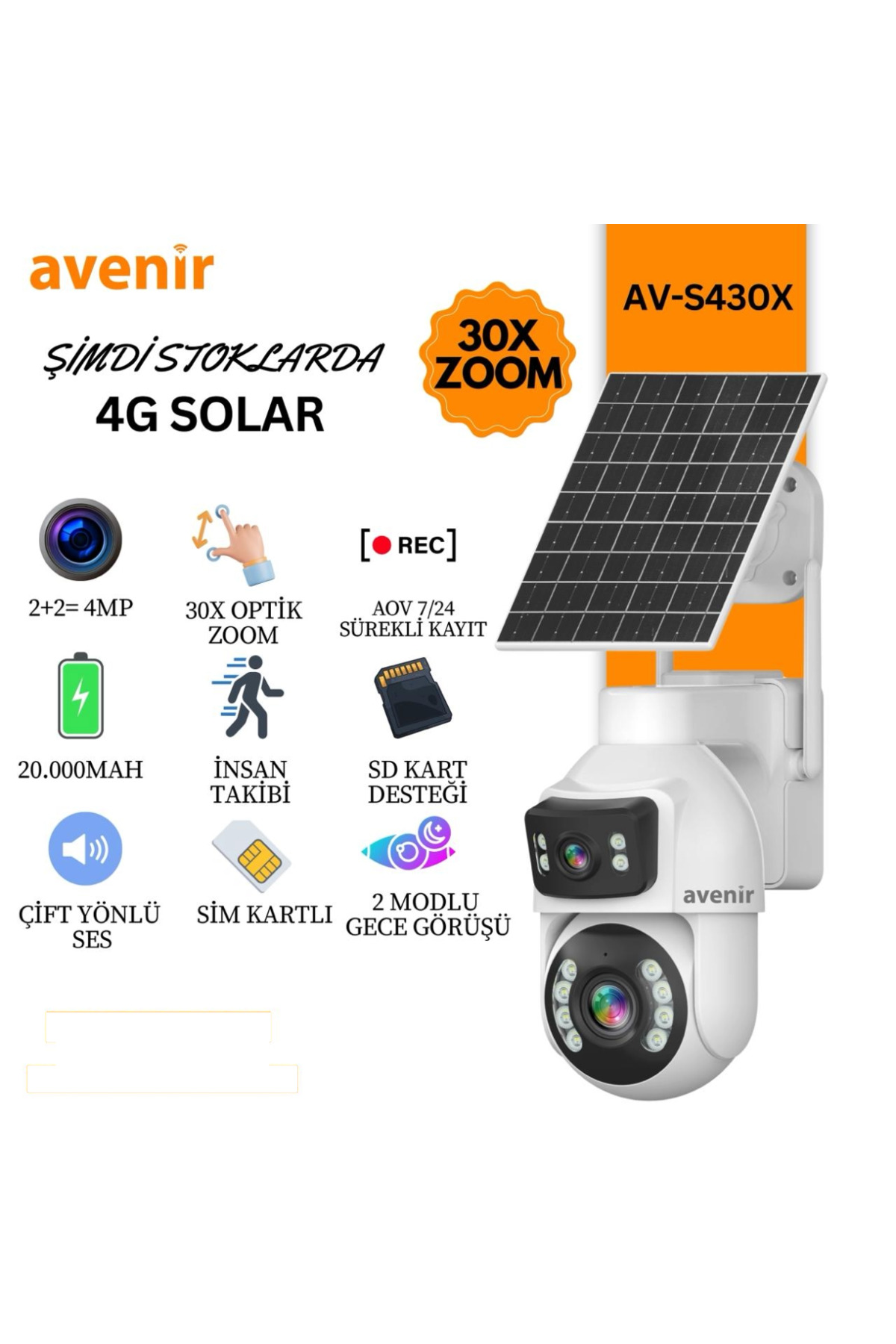 Avenir Av-s430X 2 Panelli 30X ZOOM Çift Kameralı E-sim AOV