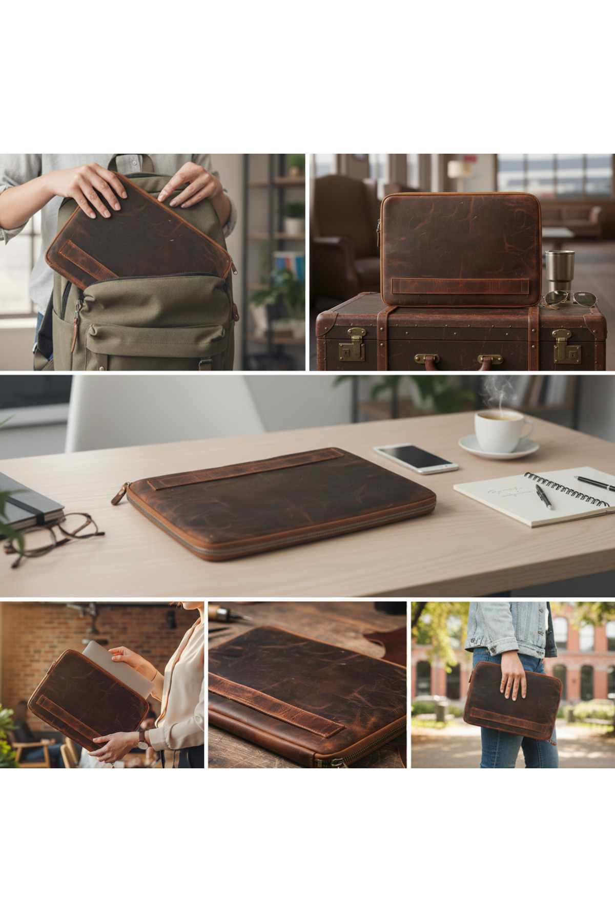 Luqa Leather  Vintage Hakiki Deri Çanta 2 Kartlık 2 Cep I 14 İnç Uyumlu | El Yapımı MacBook Kılıfı - Görsel 4