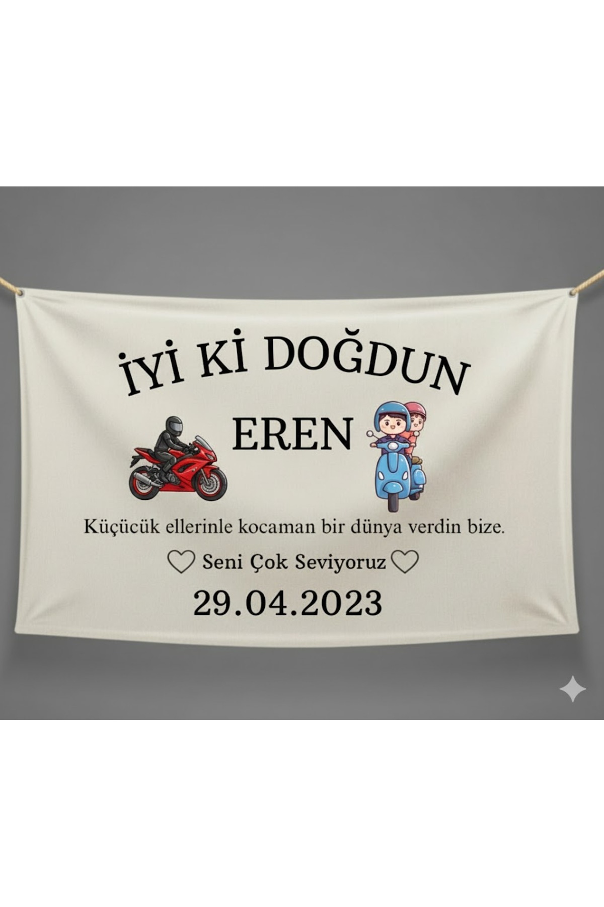 MOİRE Motosiklet Detaylı Doğum Günü Yazısı 65x100 Duvar Örtüsü Kişiye Özel Flama Poster Afiş